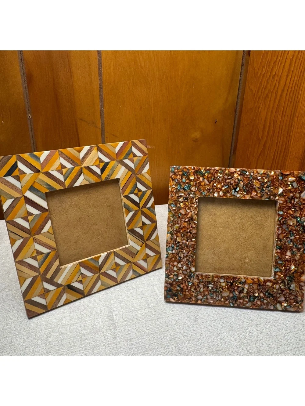 Set of 2 Artisan 4x4 Picture Frames Wood & Mosaic Inlay Boho Tabletop Decor